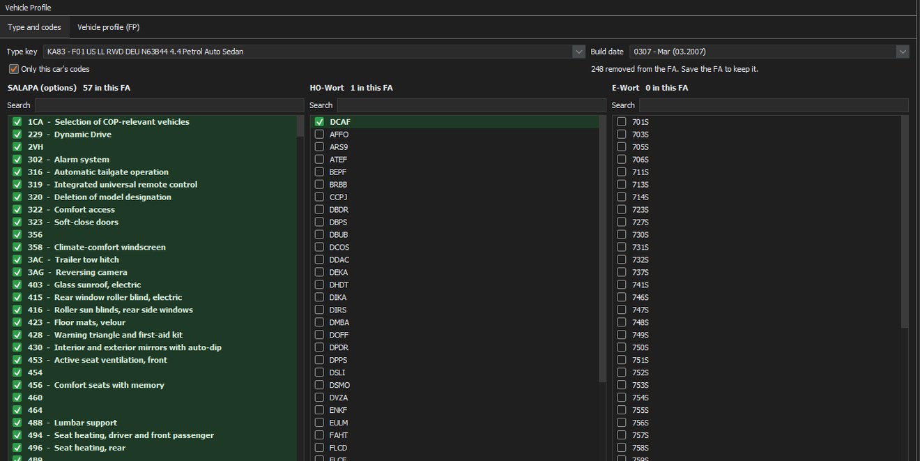 The vehicle order in E-Sys with every option code named in English